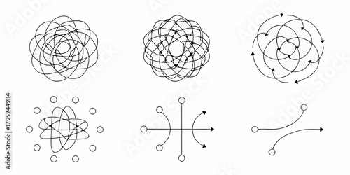 Abstract geometric patterns and diagrams representing complex systems data flow and scientific concepts