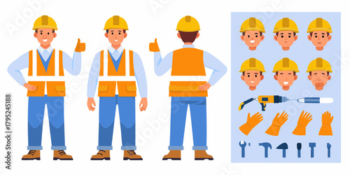 Construction worker character with multiple poses and accessories for animation and design