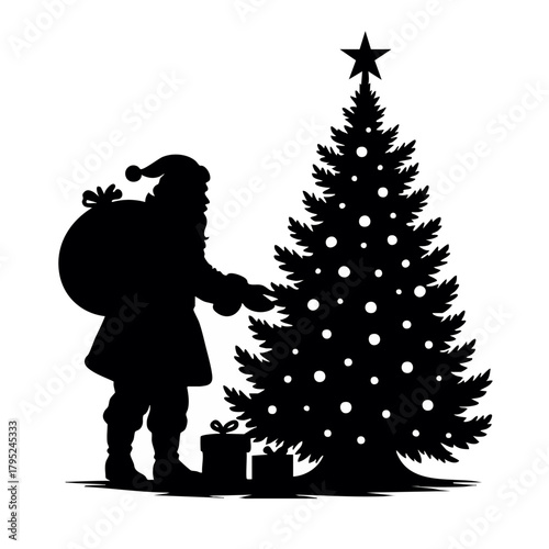 Santa Claus silhouette: Christmas Eve silhouette depicts Santa Claus next to a Christmas tree and gifts. evoking festive spirit and celebration.