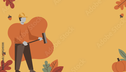 Autumnal worker in hard hat holding a tool Vector illustration with fall leaves and copy space