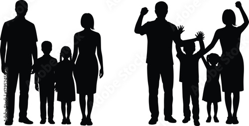 Silhouette families standing and celebrating together showing unity, parent child connection, happiness, support, togetherness and joyful lifestyle moments