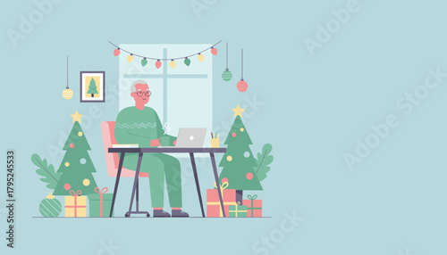 Elder man working remotely on laptop in a festive Christmas home office setting