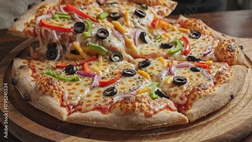 Top-down spin of hot cheese pizza