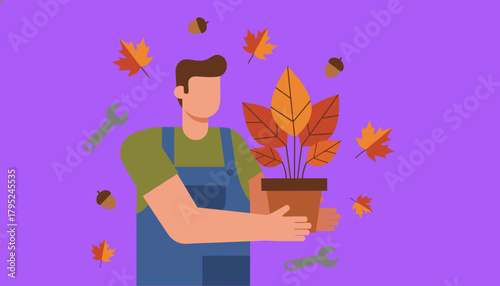Worker holding an autumn potted plant surrounded by falling leaves acorns and tools Flat vector