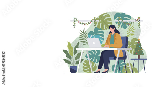 Woman working remotely on laptop in a cozy green office setting during the Christmas holiday season