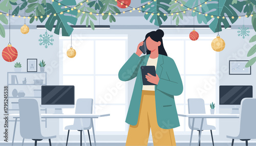 Professional woman talks on phone in modern plantfilled office decorated for the winter holidays