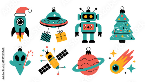 Holiday Ornaments: A whimsical collection of holiday ornaments features a rocket ship, a UFO, a robot, a Christmas tree, an alien, a satellite, a planet, and a comet.