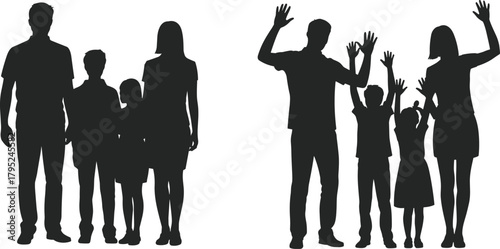 Silhouette families standing together and waving hands showing unity, happiness, parent child connection, joyful moments and family togetherness illustration