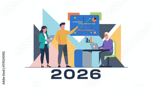 Business planning for 2026 goals teamwork and data analysis flat illustration