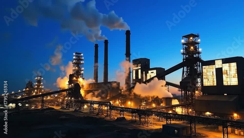Steel mill exterior at dusk with industrial lights