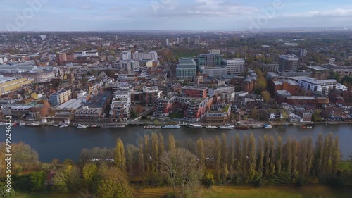 Aerial footage of town centre of Kingston Upon Thames, London, UK.  Kingston, is a town in the Royal Borough of Kingston upon Thames, south-west London, England.