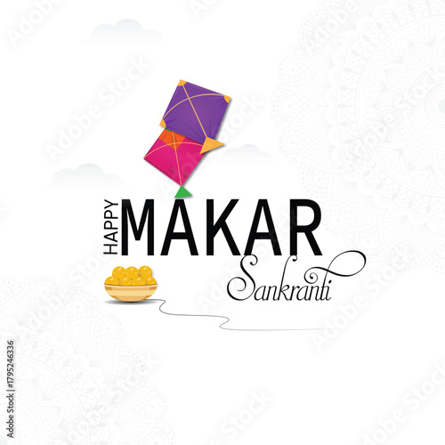 Happy Makar Sankranti text with sunshine and kite on background for inden  festival celebration