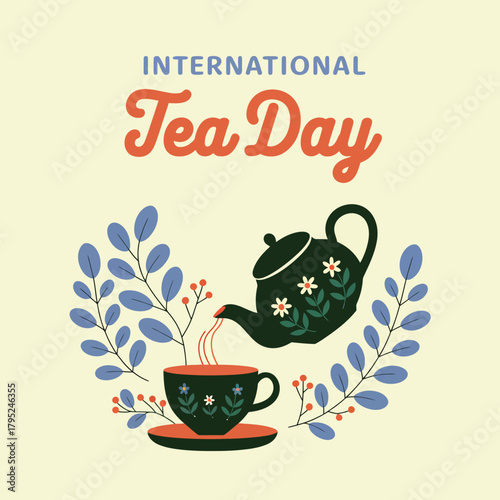 Festive international tea day illustration featuring a teapot pouring tea into a cup surrounded by floral branches