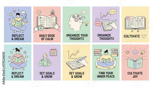 Minimalist flat vector illustration set covering selfcare goal setting reading and mental organization