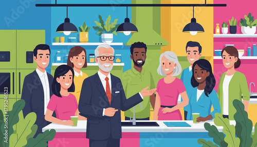 Diverse business team meeting happily in a vibrant office kitchen or breakroom setting