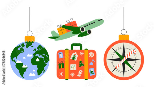 Traveling Dreams: Holiday ornaments representing travel and exploration, including a globe, airplane with presents, a suitcase, and compass, hanging against a clean backdrop.  