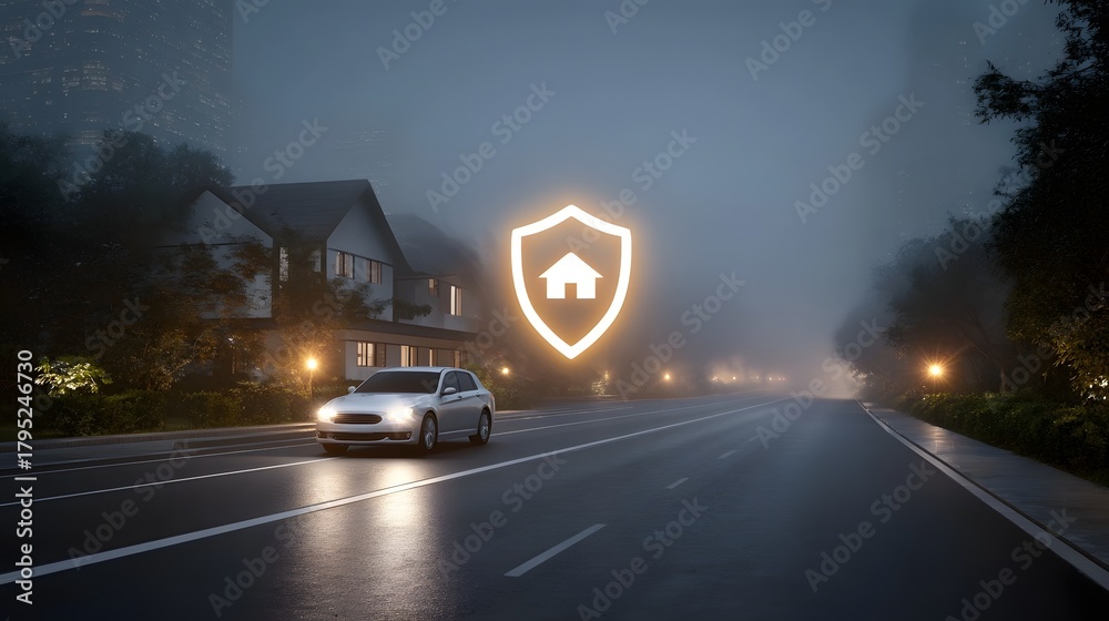 Fototapeta premium Car and house icon within a glowing shield on a foggy twilight road symbolizing security and protection