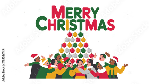 Joyful Christmas Celebration: A heartwarming scene unfolds as a diverse group of people joyfully gather beneath a whimsical Christmas tree composed of colorful ornaments.