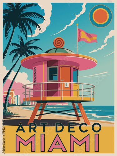 Sunny day in miami, USA, handmade drawing vector illustration, featuring vibrant art deco buildings, palm trees, coastal streets, and warm tropical atmosphere for stylish vintage travel artwork.