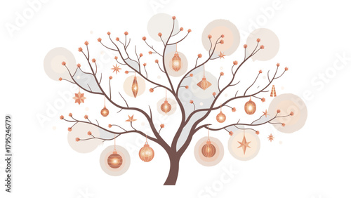 Holiday cheer Tree: Festive holiday tree, adorned with shimmering ornaments, set against an abstract backdrop of soft light, evoking a sense of joy and celebration.