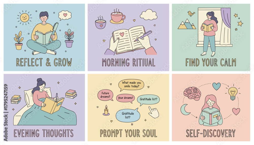 Fototapeta premium Daily rituals and selfcare illustrations journaling reflection mindfulness and personal growth
