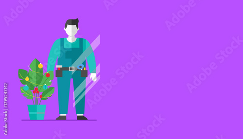 Service technician near a festive plant display Holiday retail preparation or maintenance concept