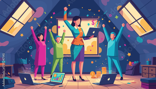 Successful business team celebrates financial triumph and growth in a modern vibrant office setting