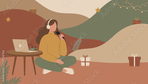 Cozy holiday broadcasting Woman hosting a podcast or singing using a microphone and laptop at home