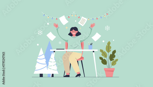 Joyful woman celebrating achievement at a winterthemed office desk throwing papers in the air