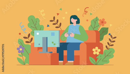 Leisure time Person playing video games on a couch surrounded by decorative plants