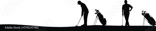 Silhouette golfers preparing to putt on course with standing equipment bags in calm outdoor landscape showing practice focus and technique