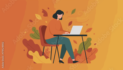 Woman working remotely on laptop amidst colorful autumn leaves Freelance and seasonal technology