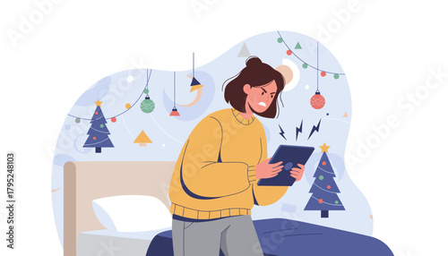 Angry woman struggles with failing technology tablet during holiday season stress