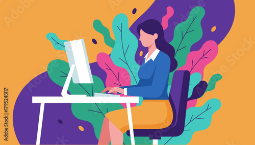 Professional woman working on a desktop computer in a vibrant stylized abstract workplace environment