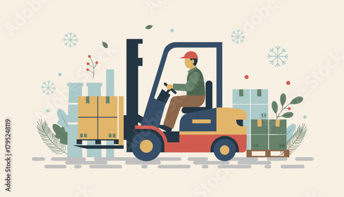 Canvas Print Worker driving forklift transporting packages during winter holidays Logistics i