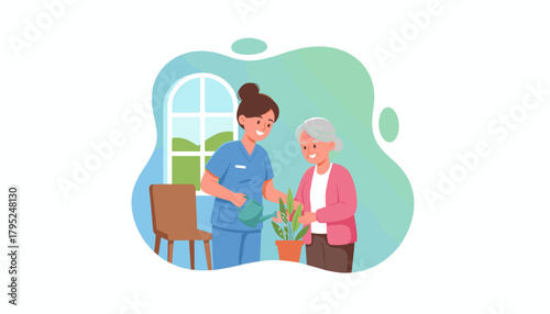 Caregiver assists happy senior woman watering a houseplant indoors
