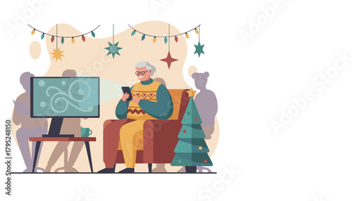 Senior woman using a smartphone in a festive living room decorated for Christmas