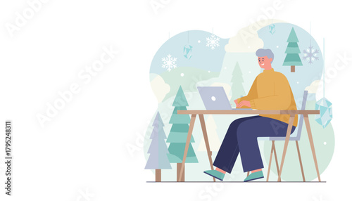 Happy man using laptop working remotely in a cozy winter landscape illustration Digital nomad during holidays