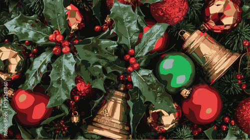 Christmas tree background with garland of holly berries. Christmas bells. Isolated festive frame. Celebration vector background.