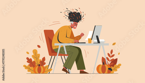 Extreme work stress and burnout Angry person working on computer with autumn decor