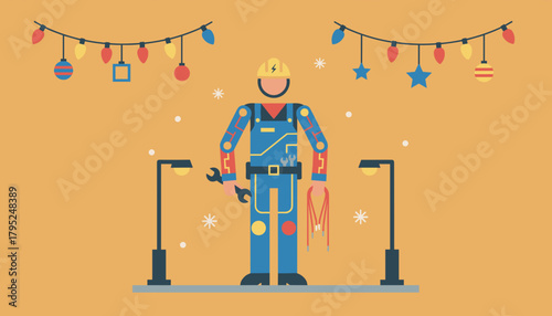 Industrial worker servicing festive holiday lights Maintenance repair and essential winter service concept