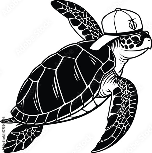 Whimsical sea turtle wearing a baseball cap with anchor emblem illustration