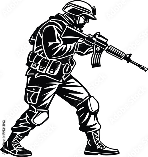 Modern soldier in tactical gear holding assault rifle ready for action