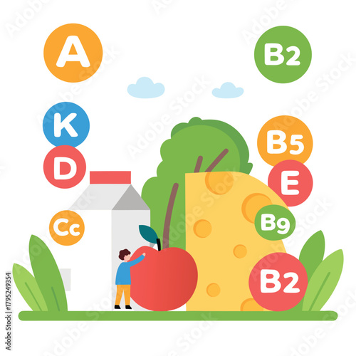 Illustration of food items with vitamin labels including apple cheese and milk carton image design