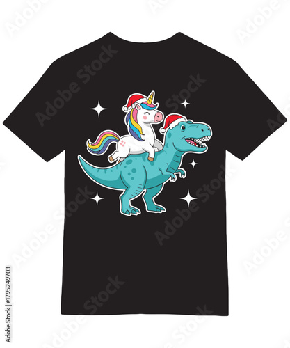 Unicorn Riding T-Rex Christmas Funny T-Shirt Art
