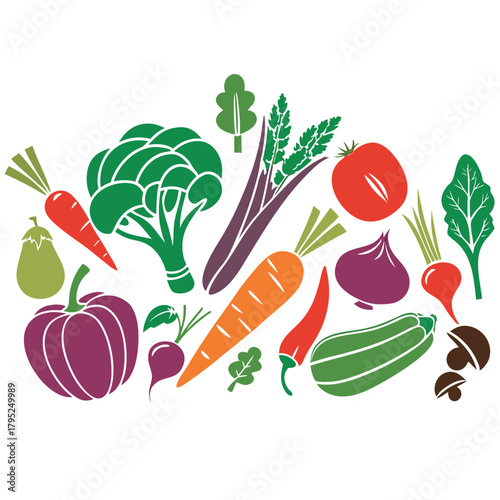 Illustration of a colorful assortment of vegetables including carrots and broccoli and eggplant and tomato