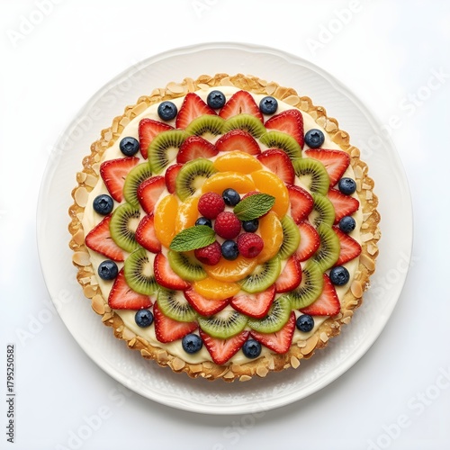 Elegant Top-Down View of a Meticulously Arranged Fresh Fruit Tart on White
