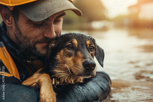 Generative AI image of a rescue worker holding a wet dog in floodwater, capturing emotion, trust, and the powerful bond between human and animal