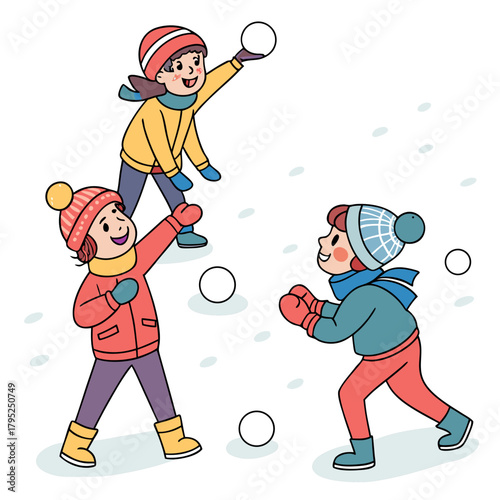 Children joyfully playing a snowball fight in the snow