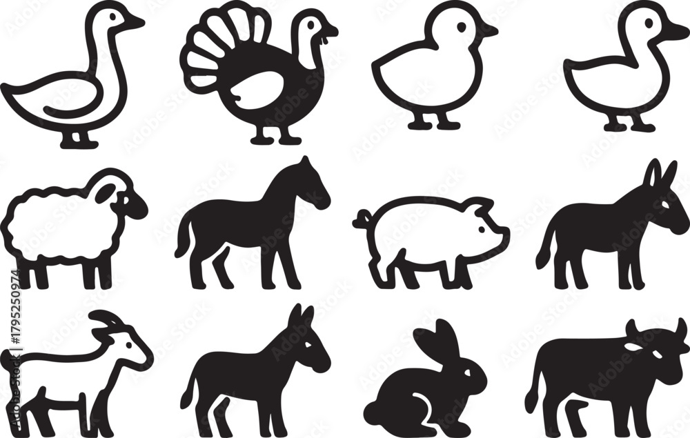 Fototapeta premium Farm Animals Black and line Icon Set – Goose, Turkey, Chick, Duck, Sheep, Horse, Pig, Donkey, Ox.